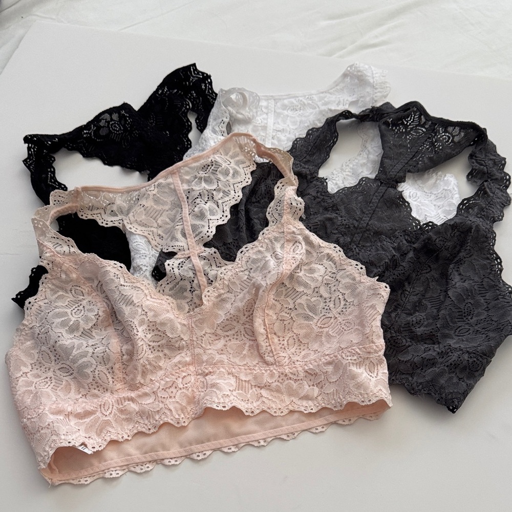 Lace Bralette Trio — Blush, Black & White Lace Bralettes